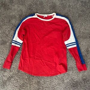 Sandro Red Long Sleeve Tee with Blue & White Sleeves
